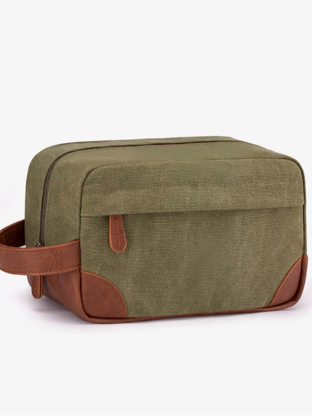 Olive Canvas Toiletry Bag with Brown Leather Accents